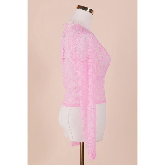 Sz M Edikted Beck Sheer Baby Pink Plunge Neck Lace Crop Top NWT - Picture 2 of 6